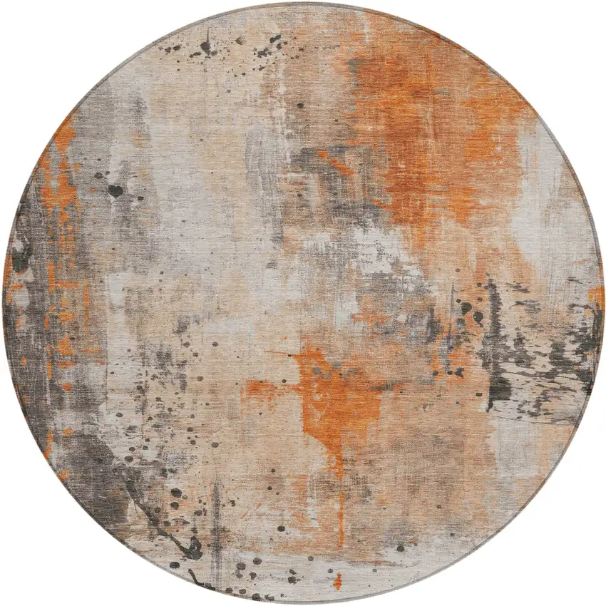 8' Orange And Gray Round Abstract Washable Indoor Outdoor Area Rug Photo 1