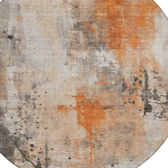 8' Orange And Gray Round Abstract Washable Indoor Outdoor Area Rug Photo 9