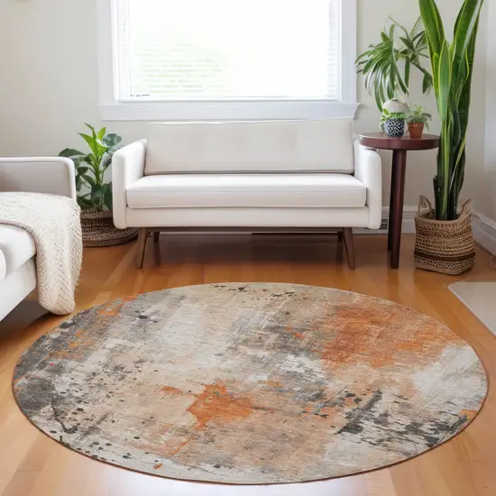 8' Orange And Gray Round Abstract Washable Indoor Outdoor Area Rug Photo 7