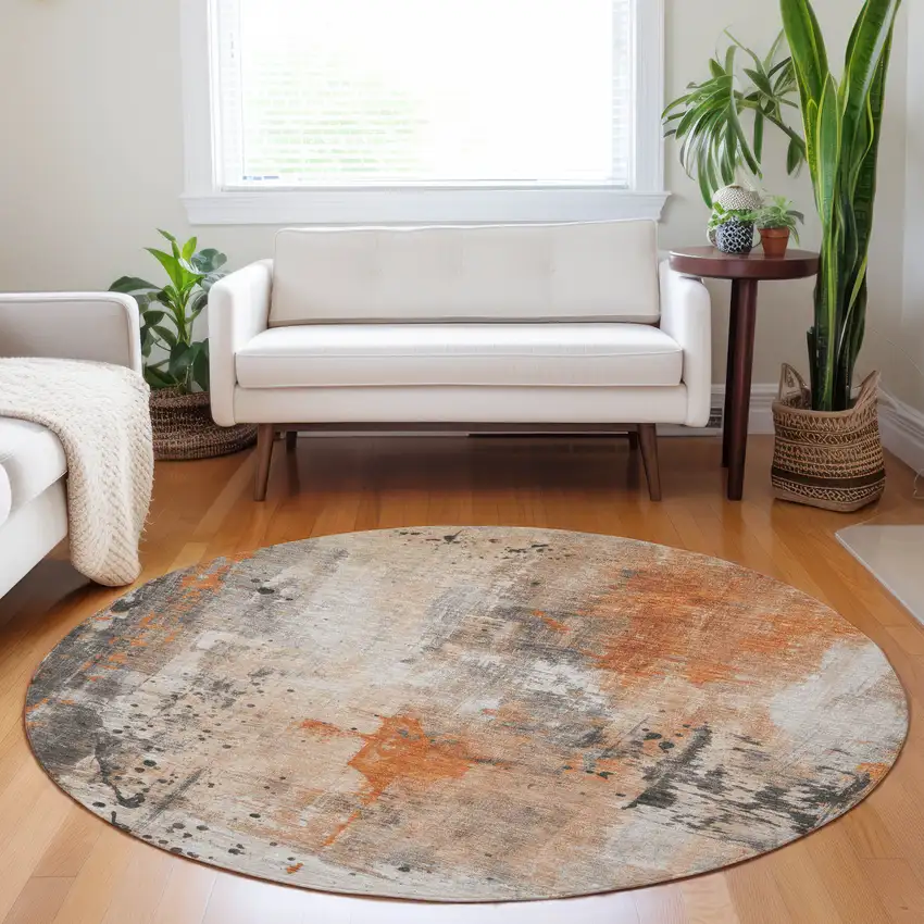 8' Orange And Gray Round Abstract Washable Indoor Outdoor Area Rug Photo 7