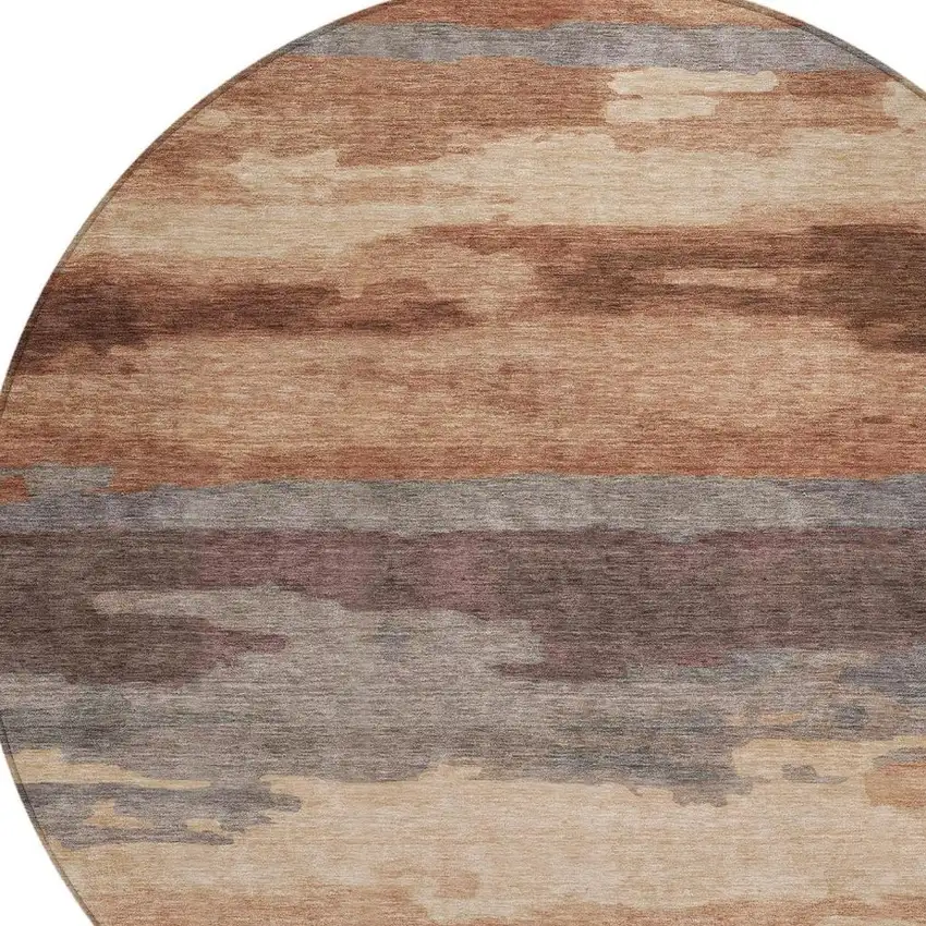 8' Orange And Gray Round Abstract Washable Indoor Outdoor Area Rug Photo 6