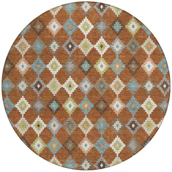 8' Orange And Gray Round Aztec Washable Indoor Outdoor Area Rug Photo 4