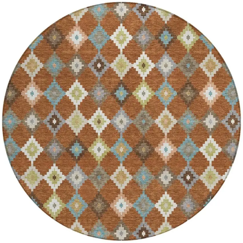 8' Orange And Gray Round Aztec Washable Indoor Outdoor Area Rug Photo 4