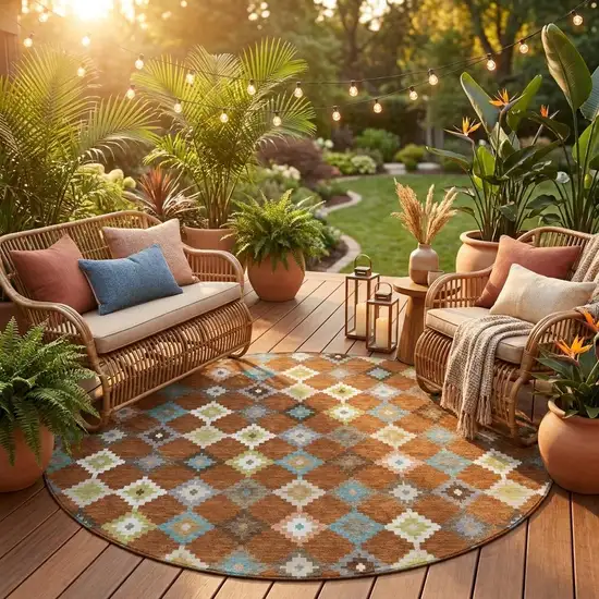 8' Orange And Gray Round Aztec Washable Indoor Outdoor Area Rug Photo 1