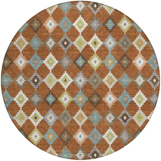 8' Orange And Gray Round Aztec Washable Indoor Outdoor Area Rug Photo 2