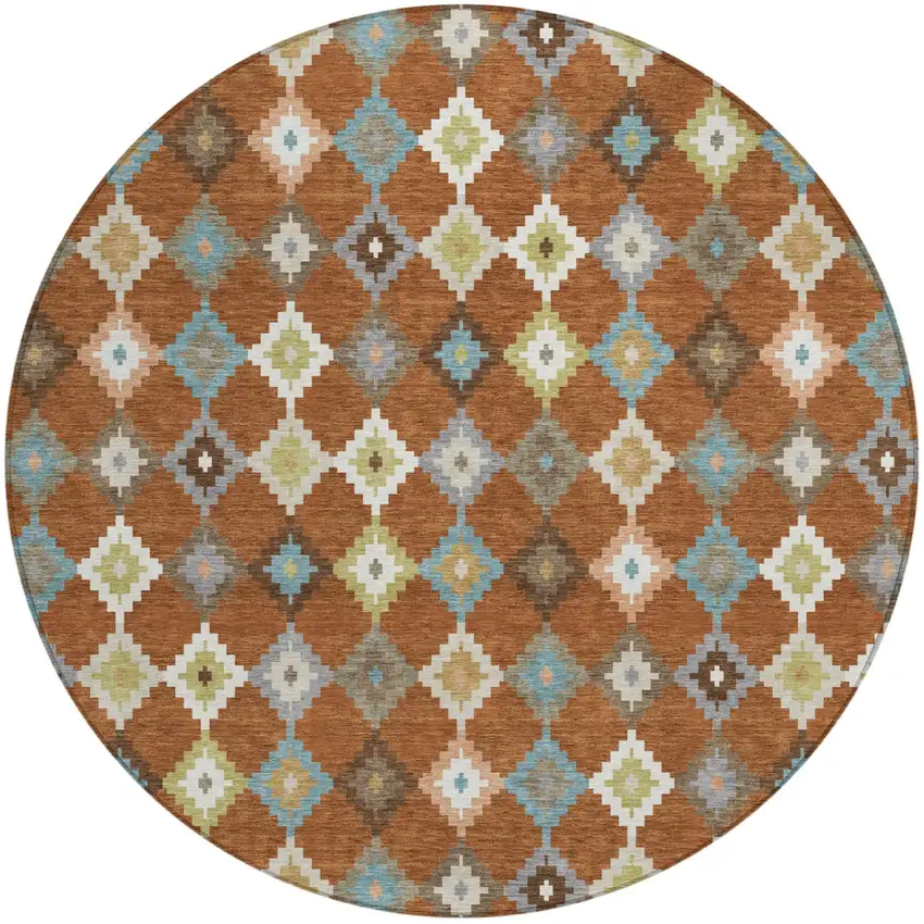 8' Orange And Gray Round Aztec Washable Indoor Outdoor Area Rug Photo 2