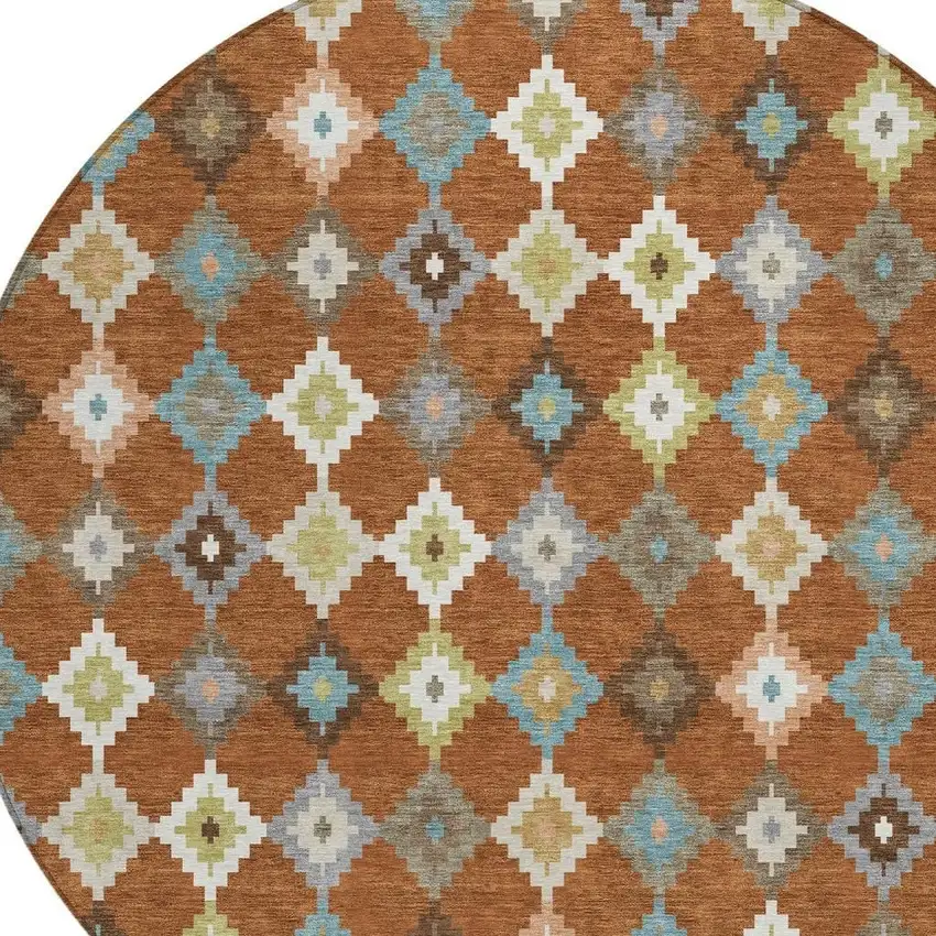 8' Orange And Gray Round Aztec Washable Indoor Outdoor Area Rug Photo 3