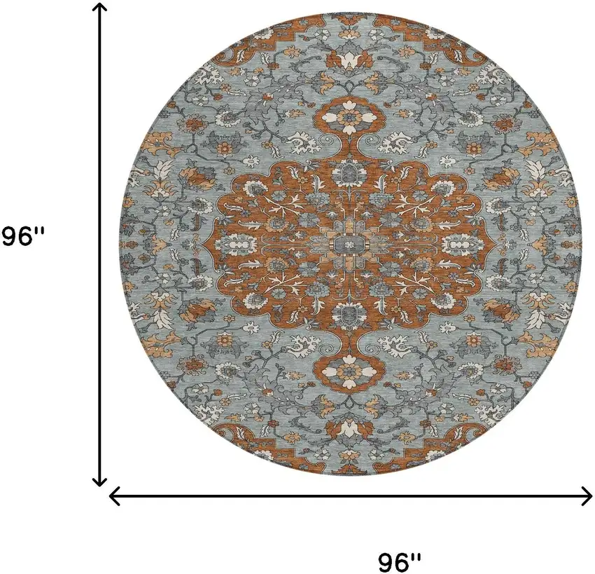 8' Orange And Gray Round Floral Medallion Washable Indoor Outdoor Area Rug Photo 8