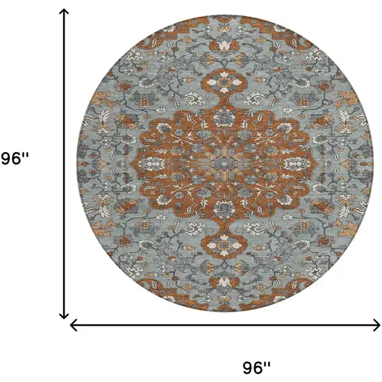 8' Orange And Gray Round Floral Medallion Washable Indoor Outdoor Area Rug Photo 8