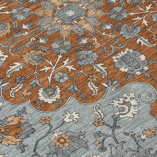 8' Orange And Gray Round Floral Medallion Washable Indoor Outdoor Area Rug Photo 7