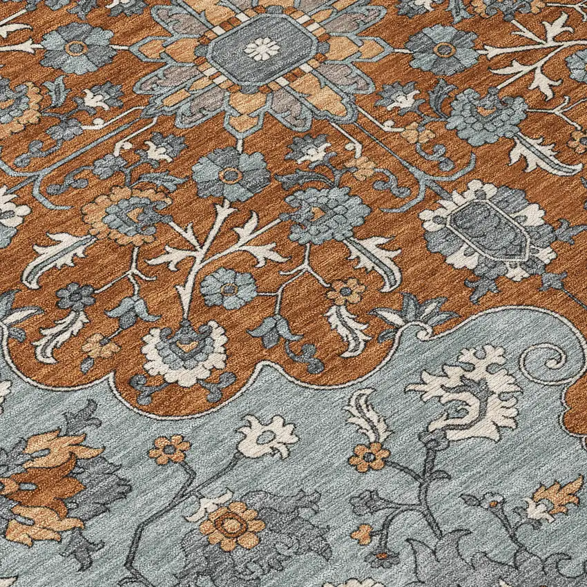 8' Orange And Gray Round Floral Medallion Washable Indoor Outdoor Area Rug Photo 7