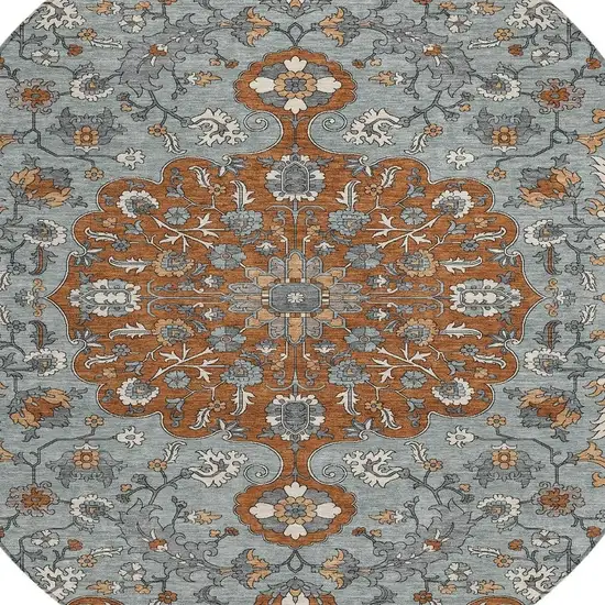 8' Orange And Gray Round Floral Medallion Washable Indoor Outdoor Area Rug Photo 3
