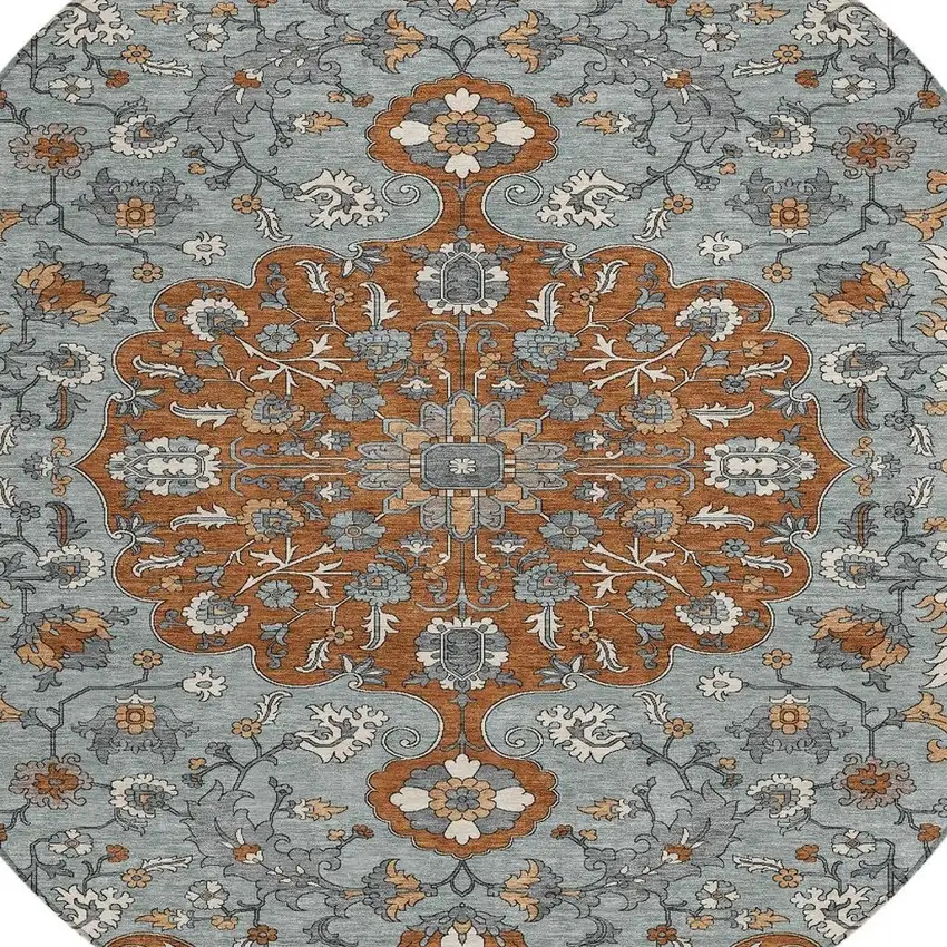 8' Orange And Gray Round Floral Medallion Washable Indoor Outdoor Area Rug Photo 3