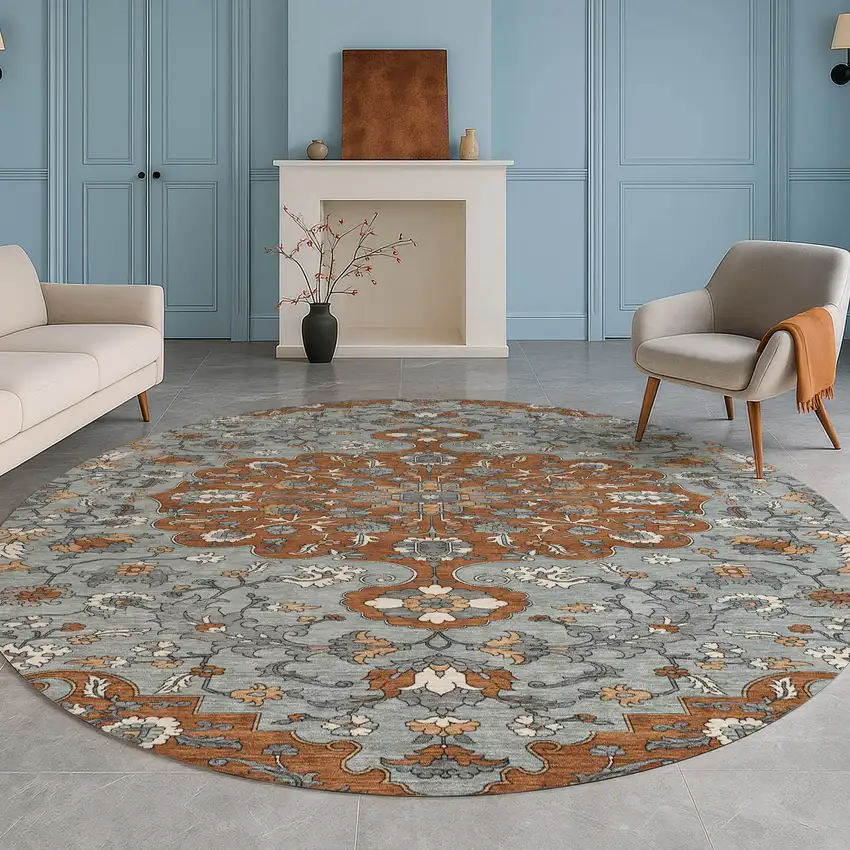8' Orange And Gray Round Floral Medallion Washable Indoor Outdoor Area Rug Photo 5