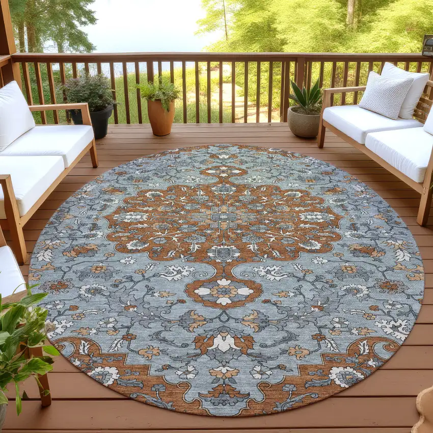 8' Orange And Gray Round Floral Medallion Washable Indoor Outdoor Area Rug Photo 4