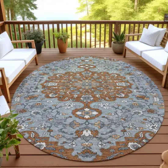 8' Orange And Gray Round Floral Medallion Washable Indoor Outdoor Area Rug Photo 4