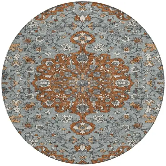 8' Orange And Gray Round Floral Medallion Washable Indoor Outdoor Area Rug Photo 2
