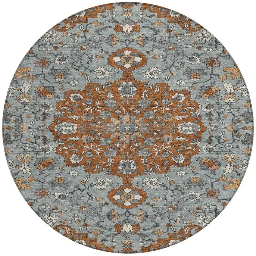 8' Orange And Gray Round Floral Medallion Washable Indoor Outdoor Area Rug Photo 2