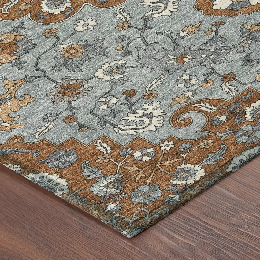 8' Orange And Gray Round Floral Medallion Washable Indoor Outdoor Area Rug Photo 6
