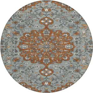 Photo of 8' Orange And Gray Round Floral Medallion Washable Indoor Outdoor Area Rug