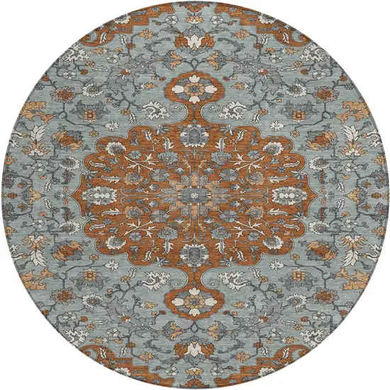8' Orange And Gray Round Floral Medallion Washable Indoor Outdoor Area Rug Photo 1