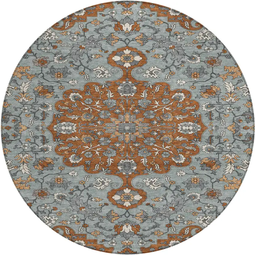 8' Orange And Gray Round Floral Medallion Washable Indoor Outdoor Area Rug Photo 1