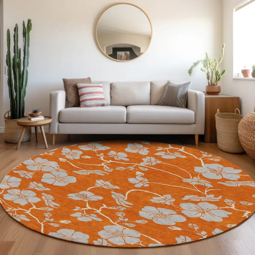 8' Orange And Gray Round Floral Washable Indoor Outdoor Area Rug Photo 8