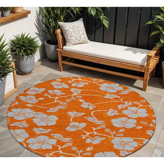 8' Orange And Gray Round Floral Washable Indoor Outdoor Area Rug Photo 1
