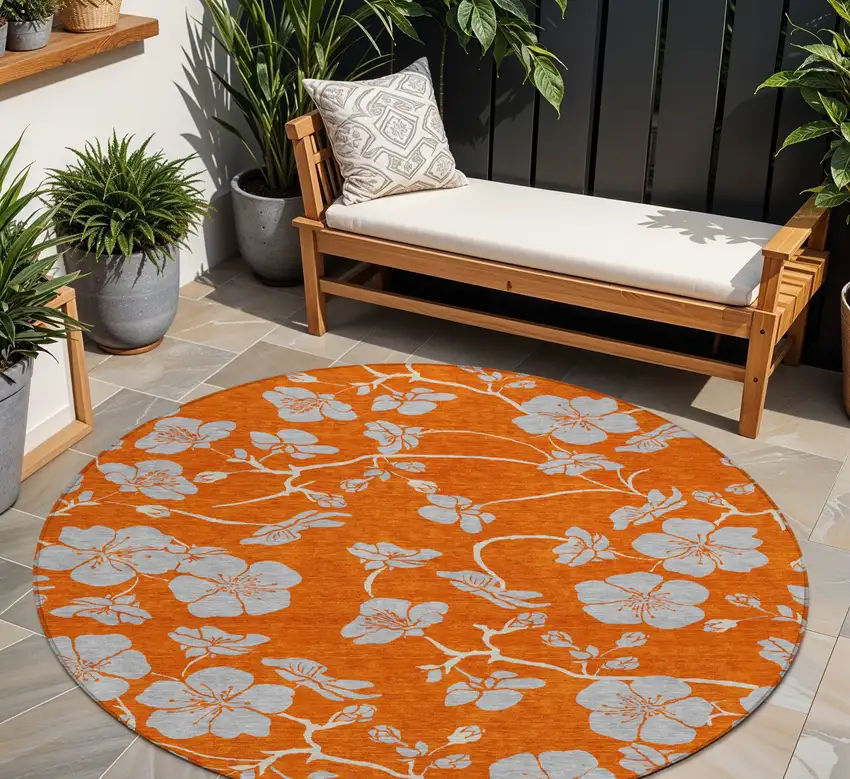8' Orange And Gray Round Floral Washable Indoor Outdoor Area Rug Photo 1