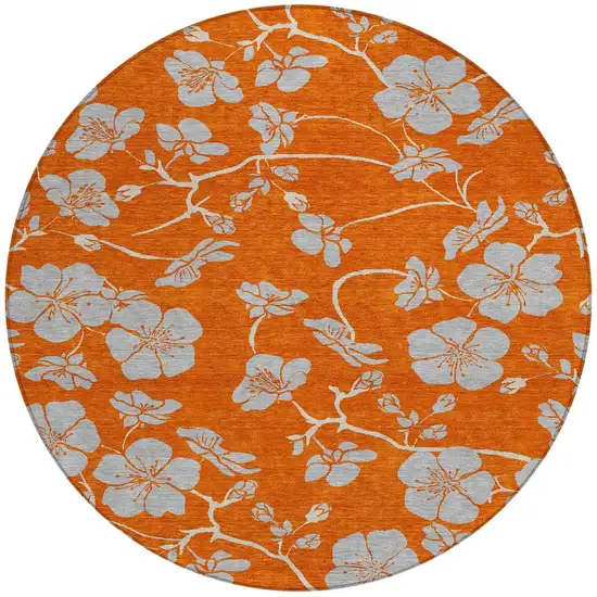 8' Orange And Gray Round Floral Washable Indoor Outdoor Area Rug Photo 6