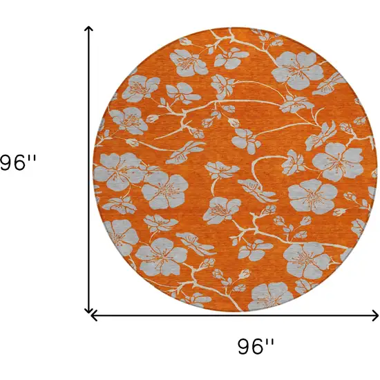 8' Orange And Gray Round Floral Washable Indoor Outdoor Area Rug Photo 3