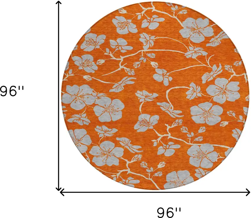 8' Orange And Gray Round Floral Washable Indoor Outdoor Area Rug Photo 3