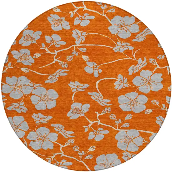 8' Orange And Gray Round Floral Washable Indoor Outdoor Area Rug Photo 2
