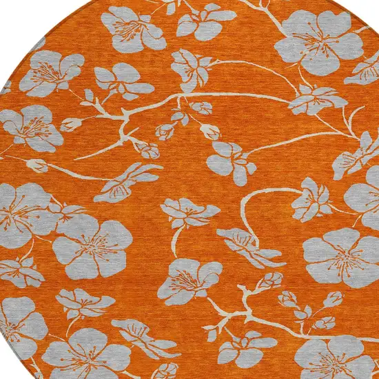 8' Orange And Gray Round Floral Washable Indoor Outdoor Area Rug Photo 5