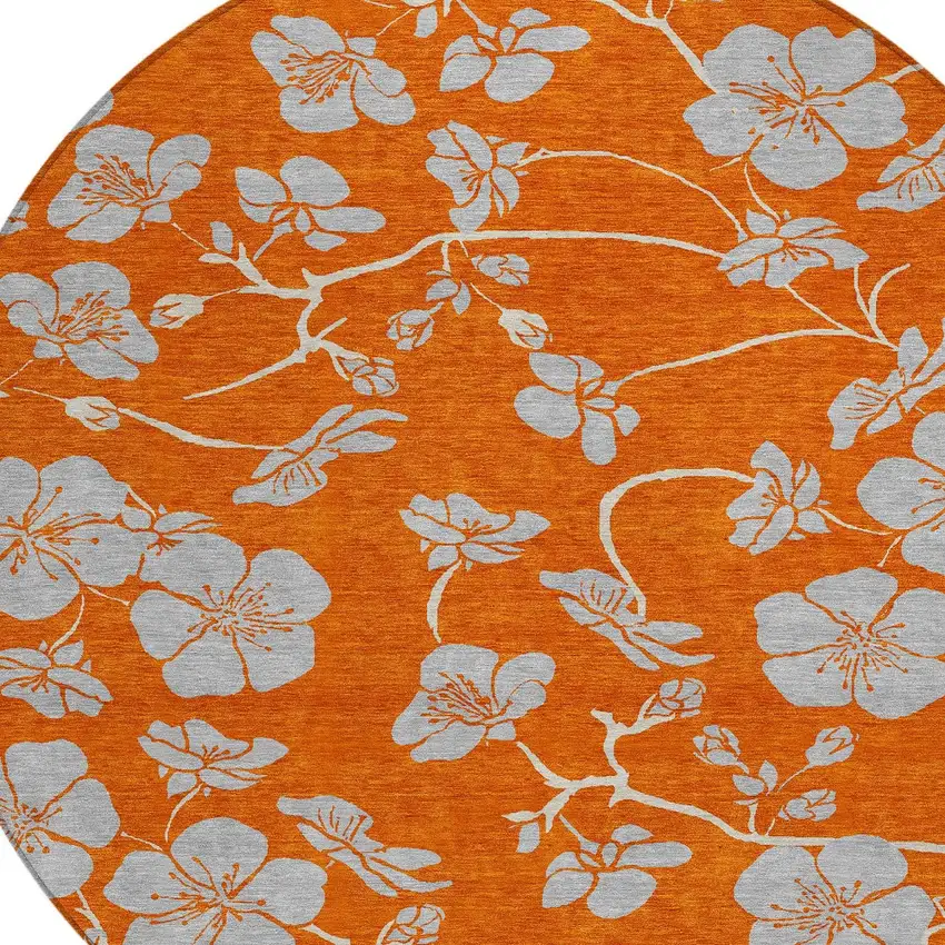 8' Orange And Gray Round Floral Washable Indoor Outdoor Area Rug Photo 5
