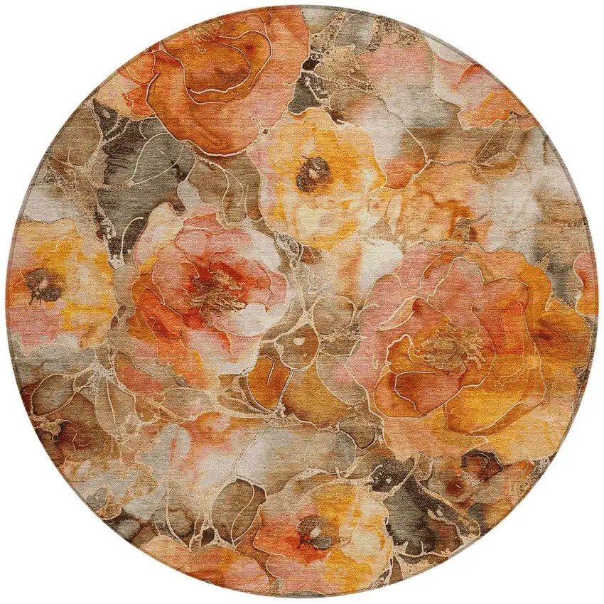 8' Orange And Gray Round Floral Washable Indoor Outdoor Area Rug Photo 3
