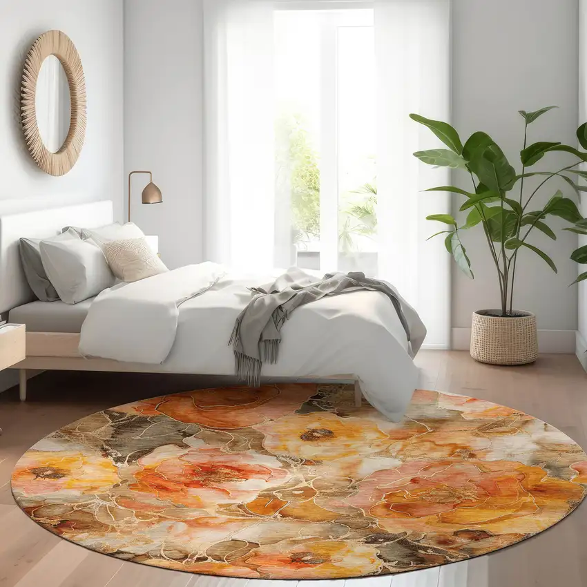 8' Orange And Gray Round Floral Washable Indoor Outdoor Area Rug Photo 7