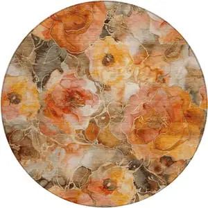 Photo of 8' Orange And Gray Round Floral Washable Indoor Outdoor Area Rug