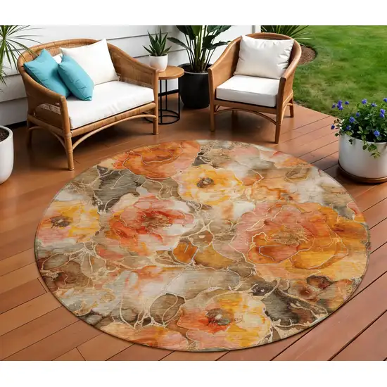 8' Orange And Gray Round Floral Washable Indoor Outdoor Area Rug Photo 2