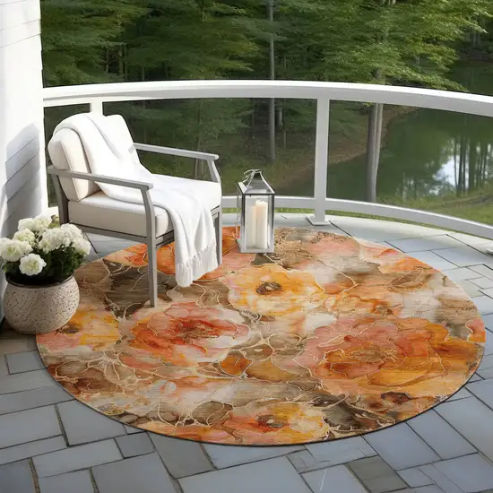 8' Orange And Gray Round Floral Washable Indoor Outdoor Area Rug Photo 6