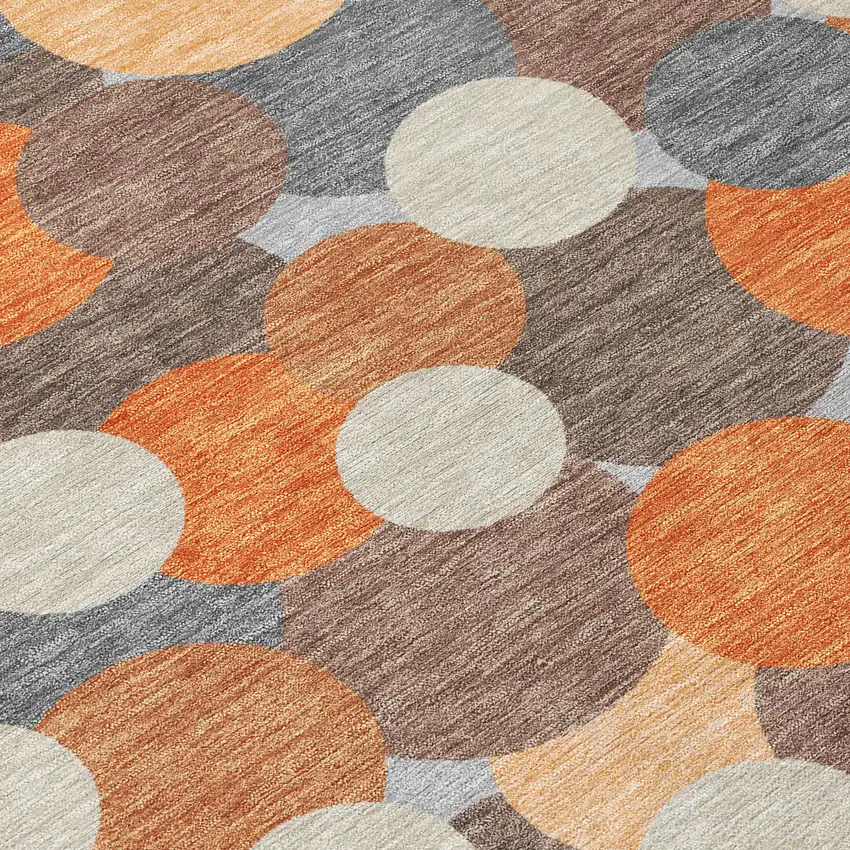 8' Orange And Gray Round Geometric Washable Indoor Outdoor Area Rug Photo 7