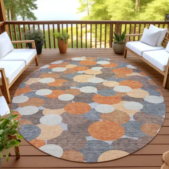 8' Orange And Gray Round Geometric Washable Indoor Outdoor Area Rug Photo 4