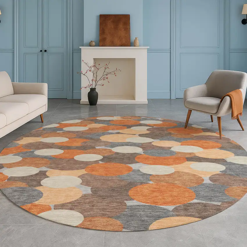 8' Orange And Gray Round Geometric Washable Indoor Outdoor Area Rug Photo 5