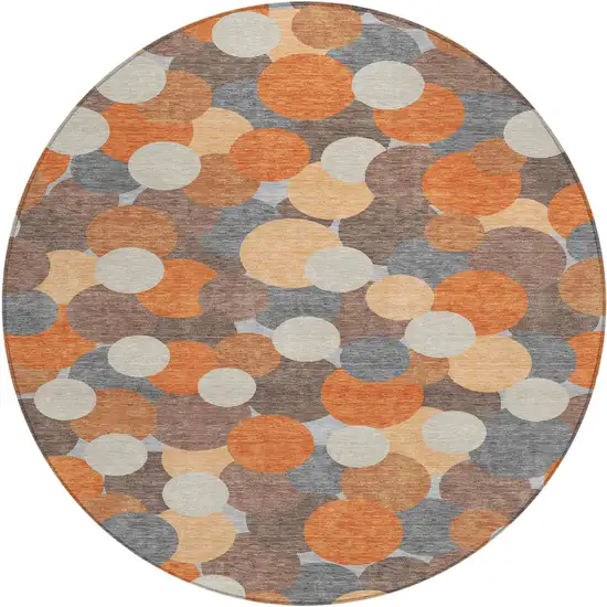 8' Orange And Gray Round Geometric Washable Indoor Outdoor Area Rug Photo 1