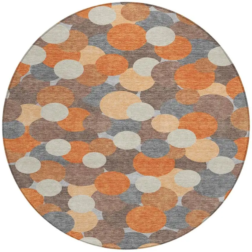 8' Orange And Gray Round Geometric Washable Indoor Outdoor Area Rug Photo 2