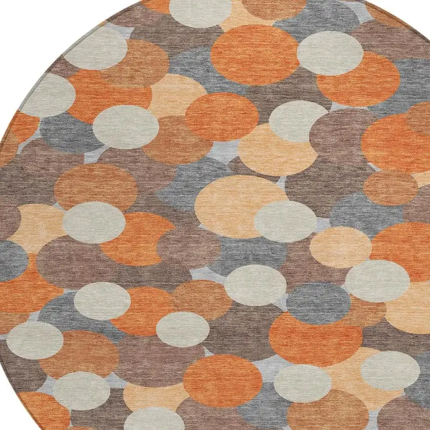 8' Orange And Gray Round Geometric Washable Indoor Outdoor Area Rug Photo 3