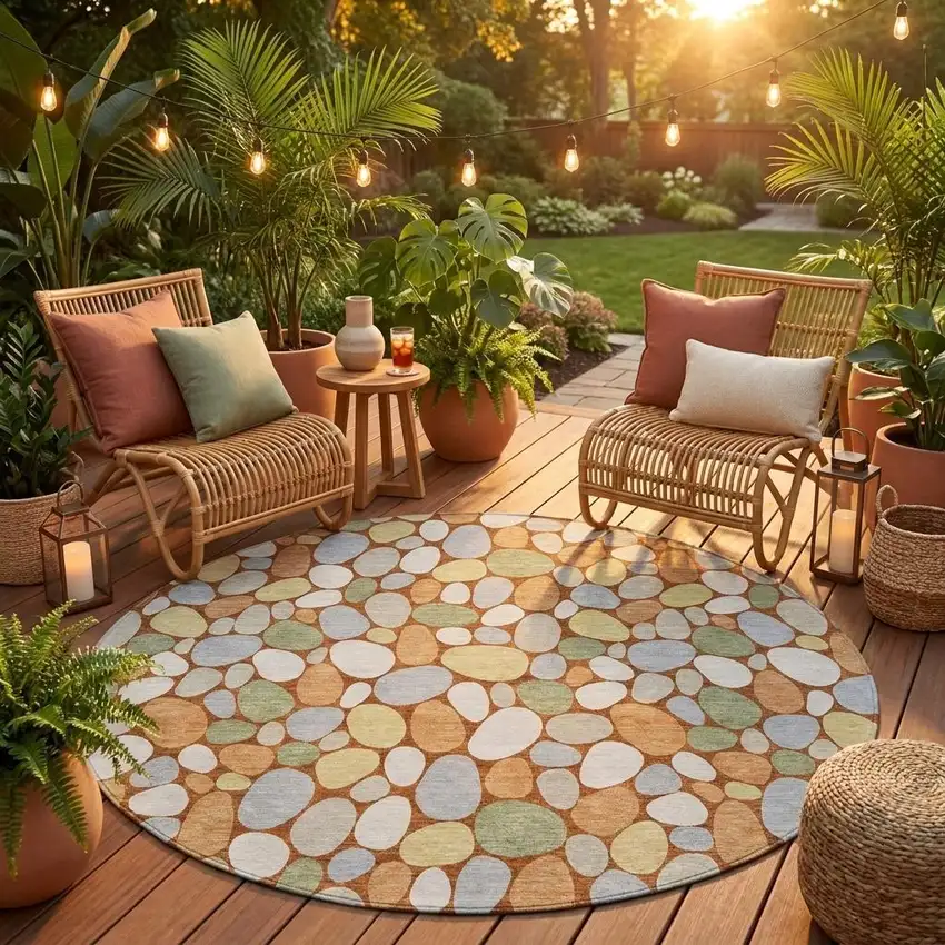 8' Orange And Gray Round Geometric Washable Indoor Outdoor Area Rug Photo 1
