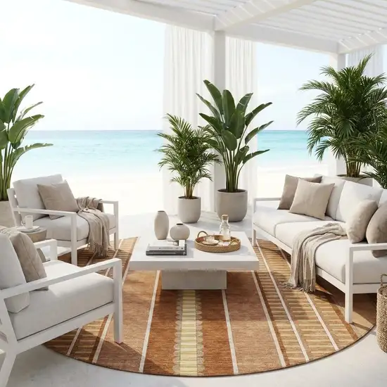 8' Orange And Gray Round Striped Washable Indoor Outdoor Area Rug Photo 1