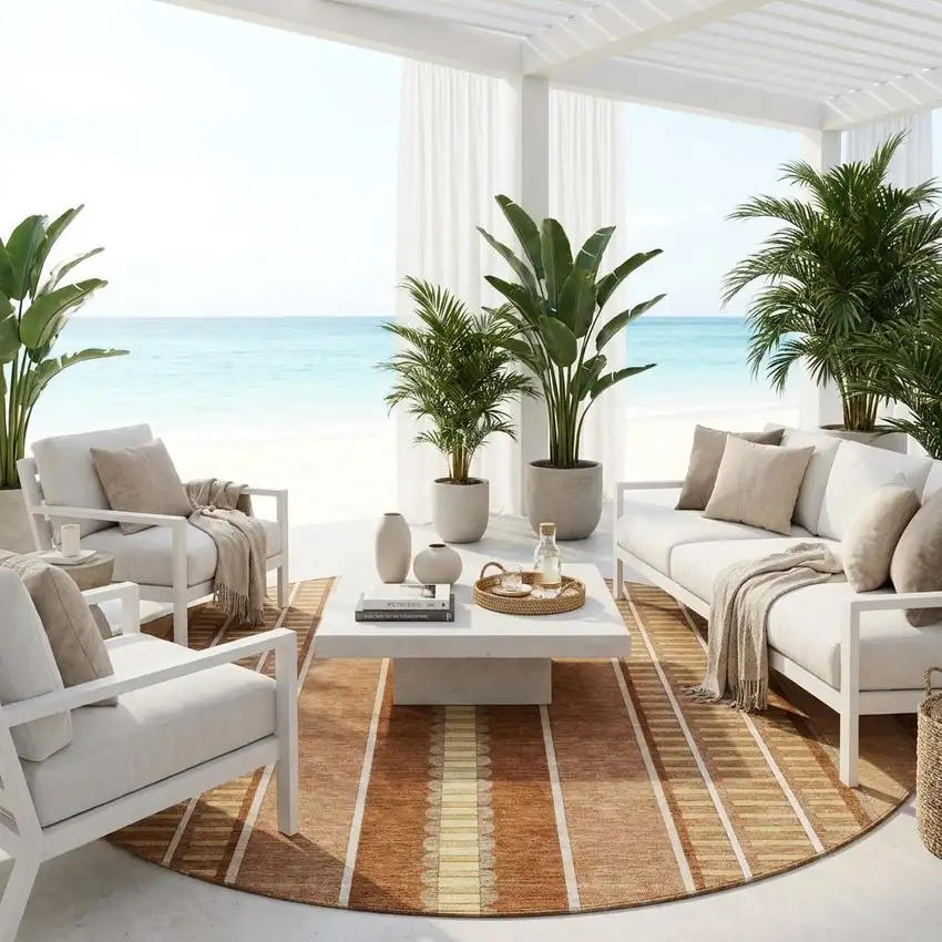 8' Orange And Gray Round Striped Washable Indoor Outdoor Area Rug Photo 1