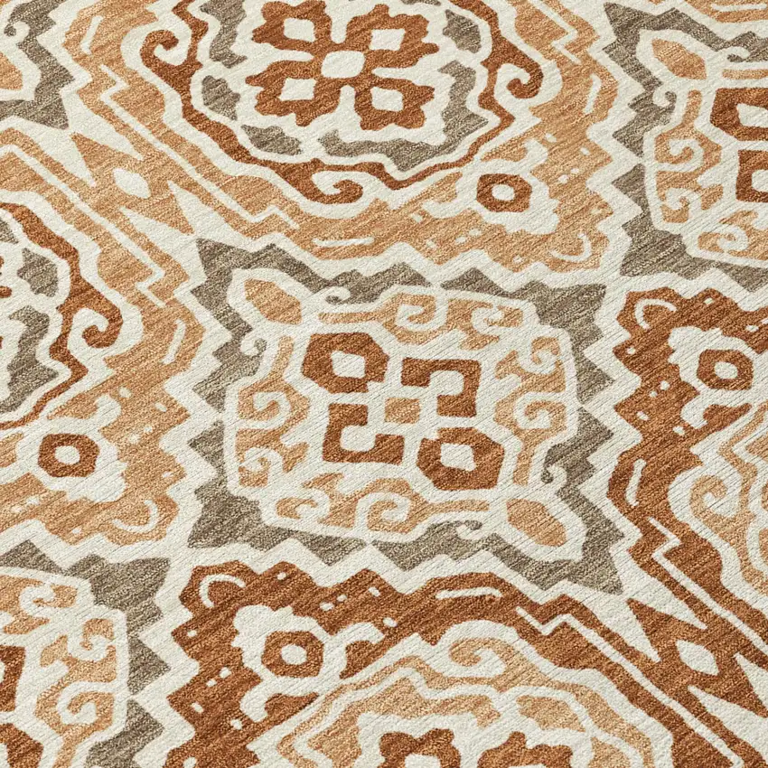 8' Orange And Gray Round Tribal Washable Indoor Outdoor Area Rug Photo 7